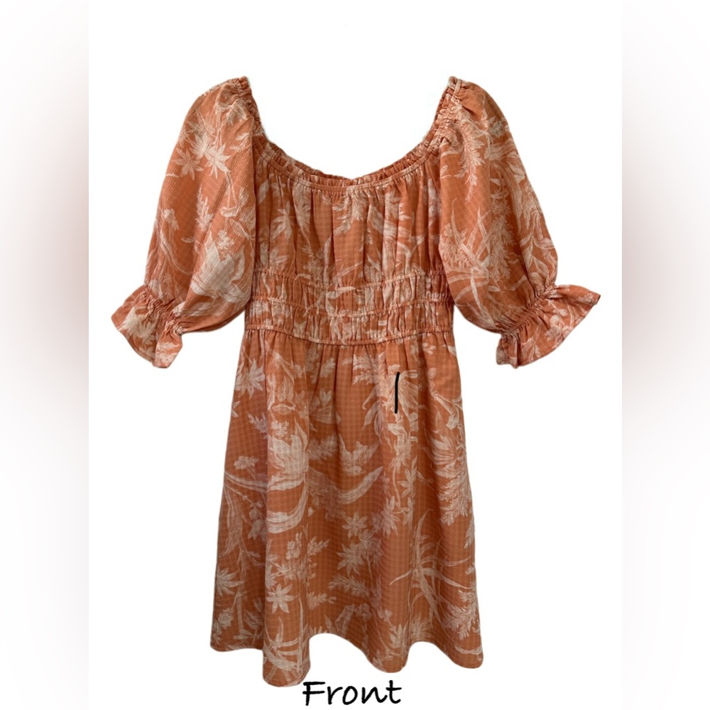 H&M Peach/Coral Peasant Mini Dress Boho Puff Sleeve Smocked Waist Size XS